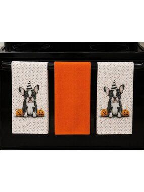 Halloween Boston Terrier Dog Kitchen Towels 3 Pack Orange Pumpkin NWT Bulldog